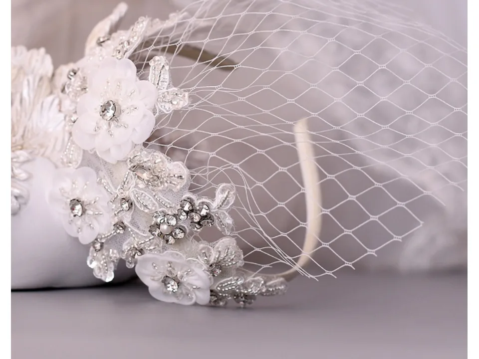 Close-up of the intricate beadwork and floral details on the bridal headband