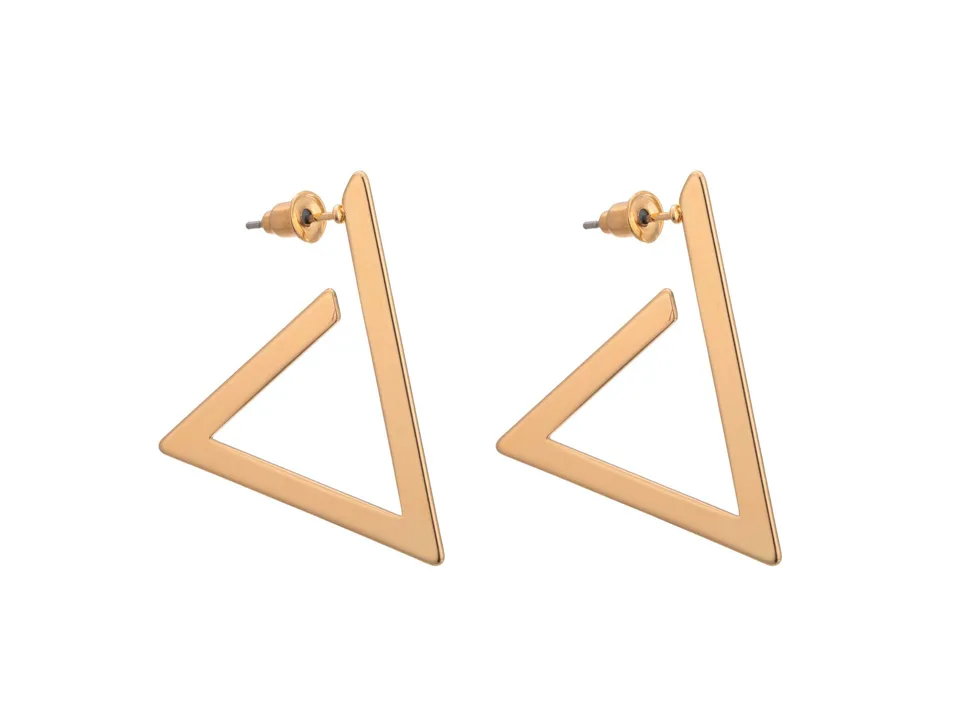 A pair of gold triangular drop earrings on a white background.