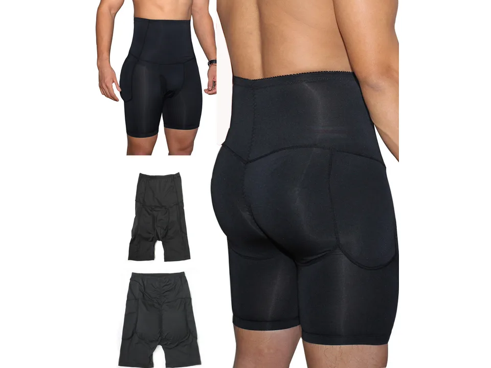 Collage showing the shapewear shorts being worn and laid flat.