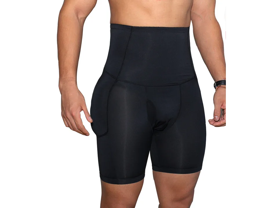 Front view of a man wearing the black high-waist compression shapewear shorts.