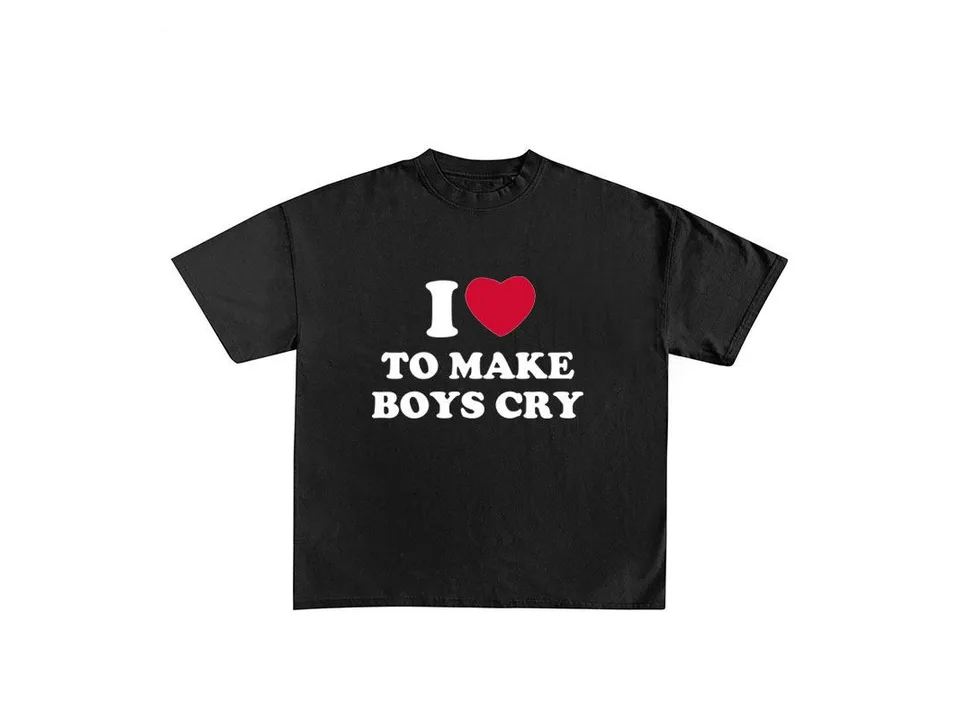 Black t-shirt with 'I love to make boys cry' graphic