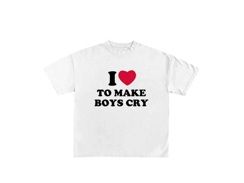 White t-shirt with 'I love to make boys cry' graphic
