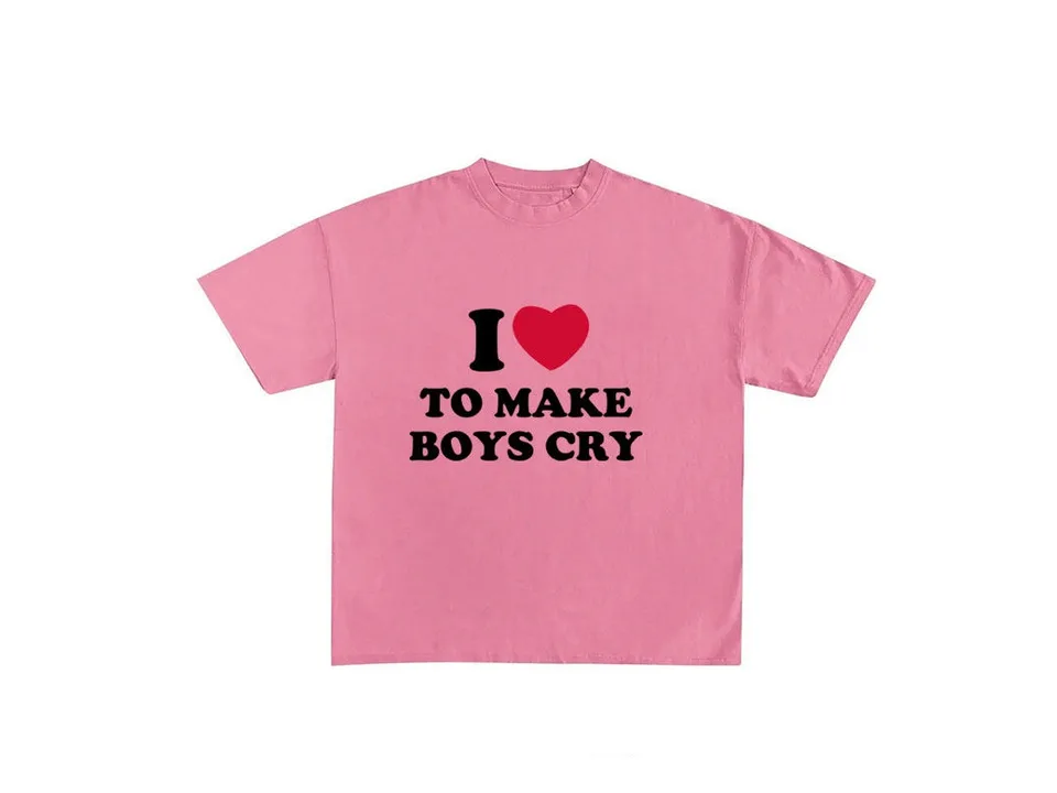 Pink t-shirt with 'I love to make boys cry' graphic