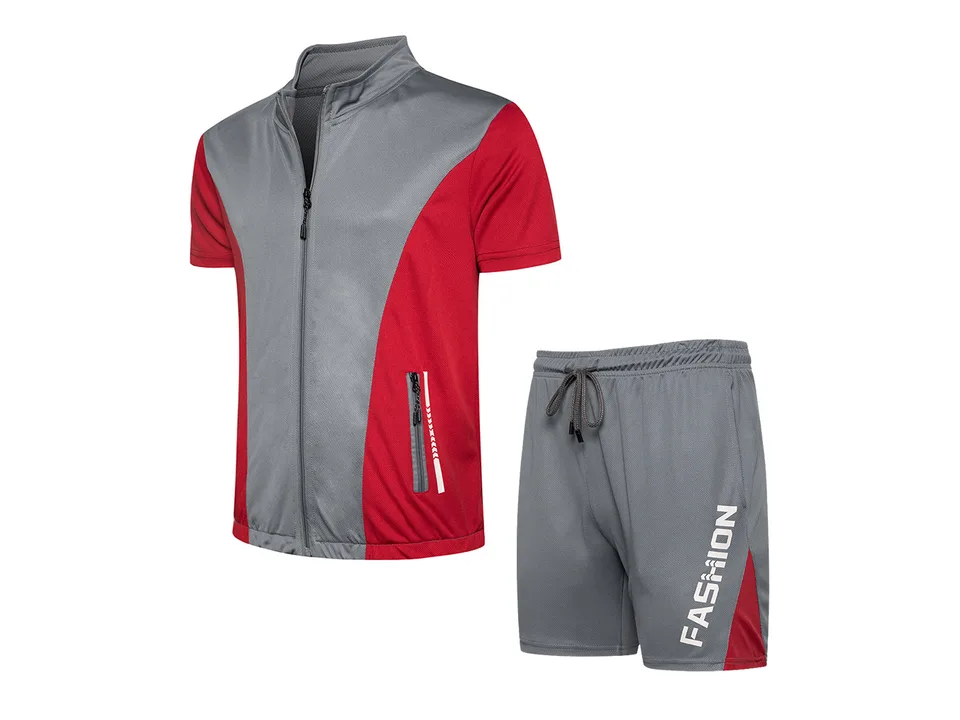 Grey and red men's short-sleeve zip-up sports top and matching shorts set.