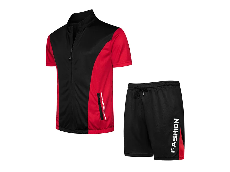 Black and red men's short-sleeve zip-up sports top and matching shorts set.