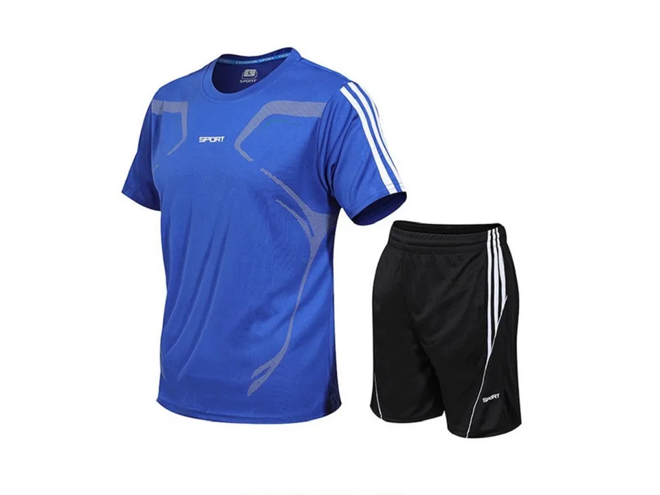 Blue short-sleeve t-shirt and black shorts athletic set.
