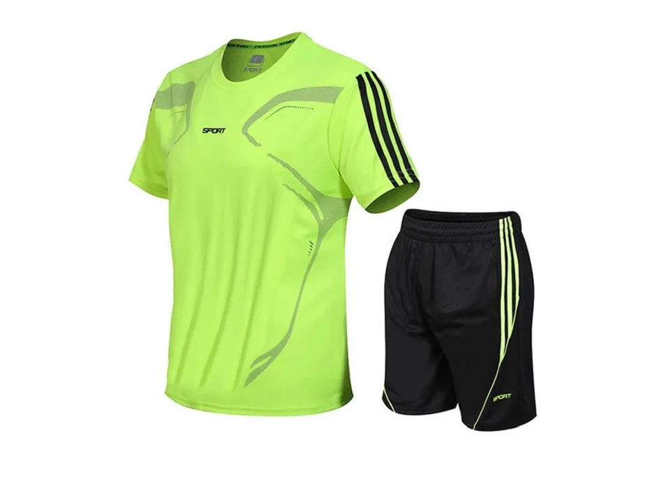 Neon green short-sleeve t-shirt and black shorts athletic set.