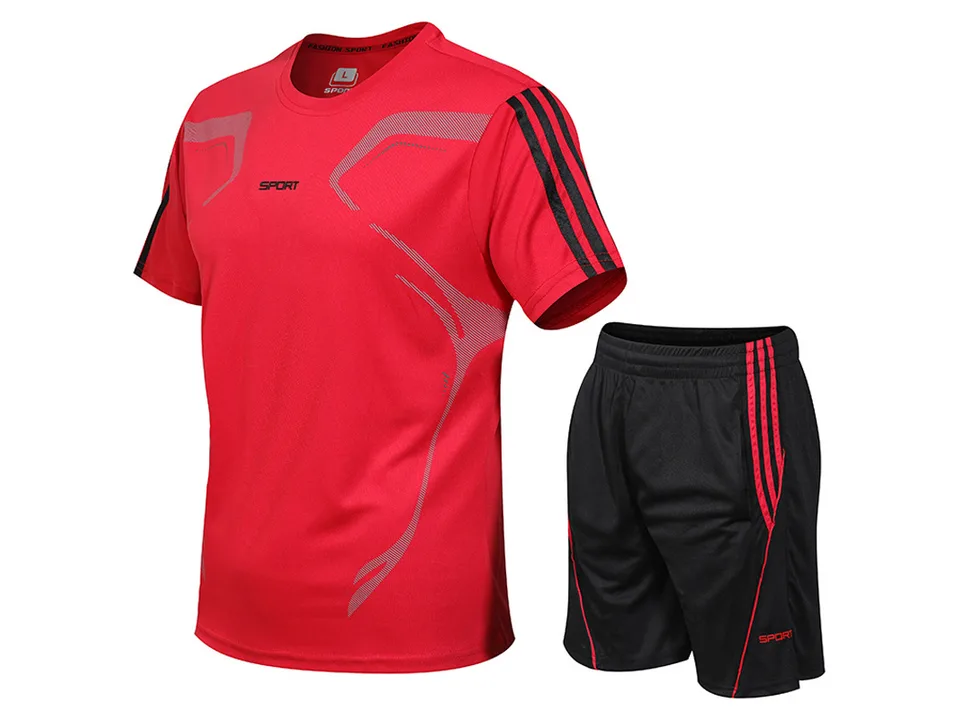 Red short-sleeve t-shirt and black shorts athletic set.