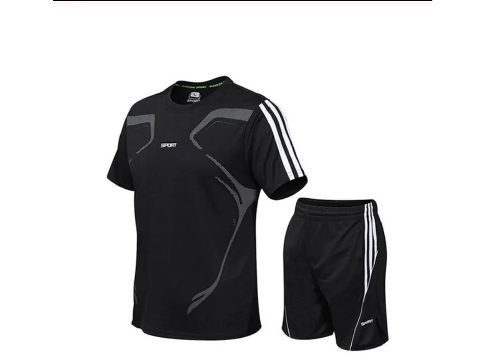 Black short-sleeve t-shirt and black shorts athletic set.