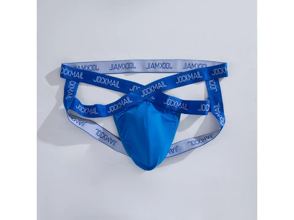 Blue men's jockstrap with elastic straps featuring the JOCKMAIL logo.