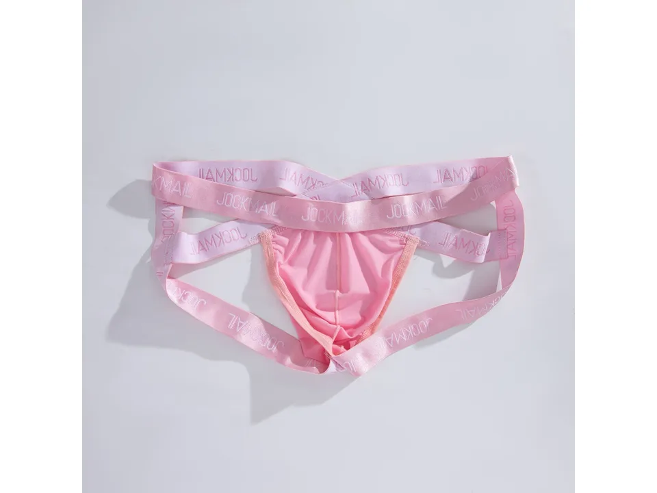Pink men's jockstrap with elastic straps featuring the JOCKMAIL logo.