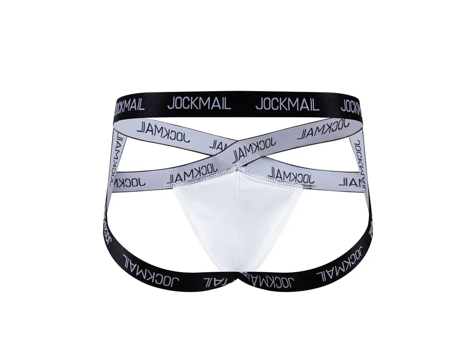 White men's jockstrap with black elastic straps featuring the JOCKMAIL logo.