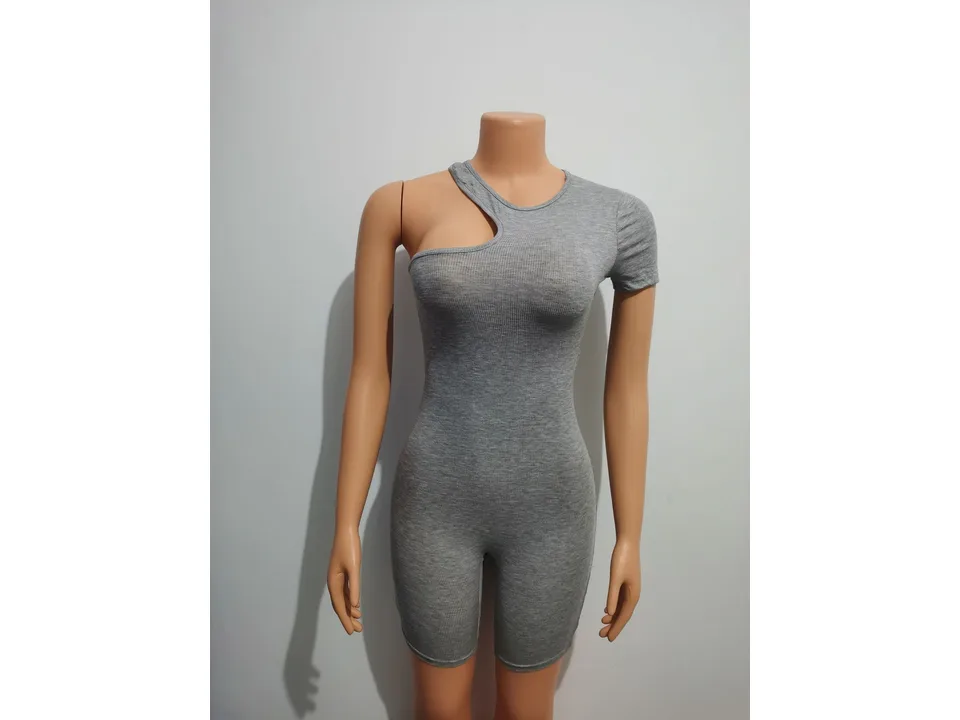 Grey one-shoulder short sleeve jumpsuit on a mannequin