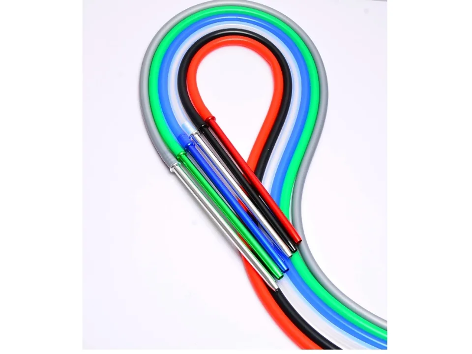 A collection of silicone hookah hoses with aluminum handles in various colors including red, black, blue, and green.