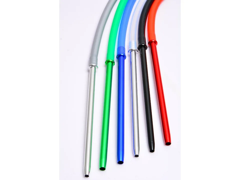 Close-up of the aluminum handles and silicone hose ends in different colors.