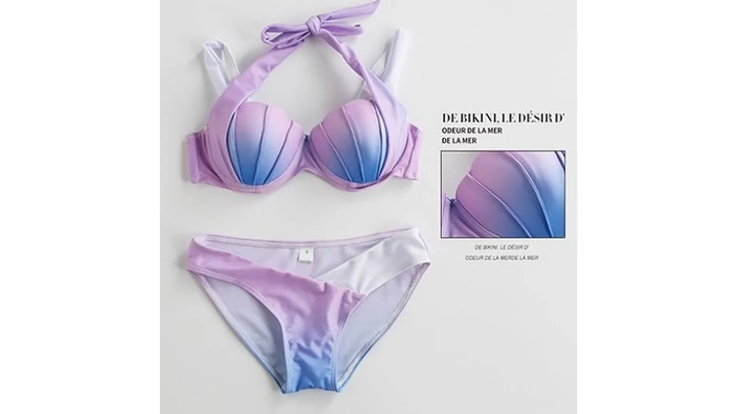 Purple and blue gradient bikini set with shell-shaped cups and a close-up of the fabric texture.