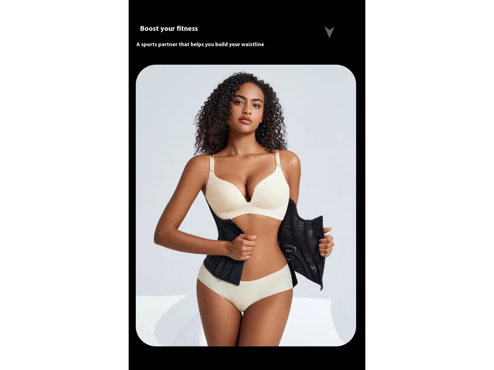 A model wearing the black waist trainer belt over her midsection.