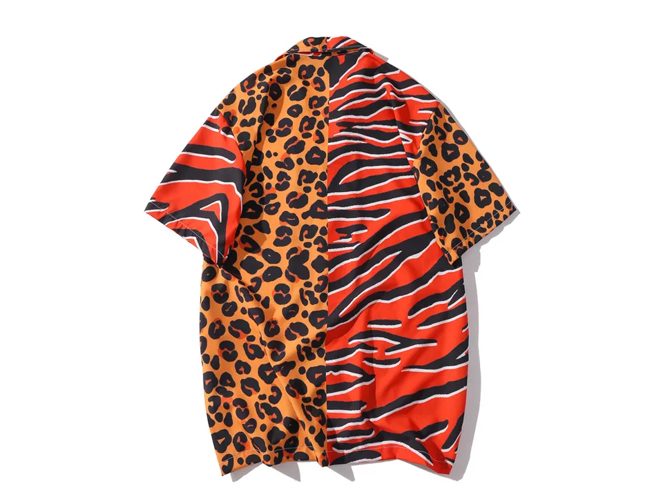 Back view of a short-sleeve button-down shirt with a leopard and zebra print pattern.