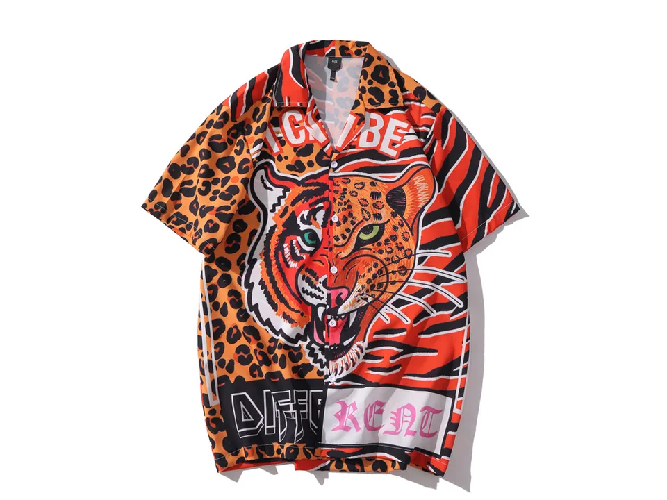 Front view of a short-sleeve button-down shirt with a tiger and leopard print pattern.