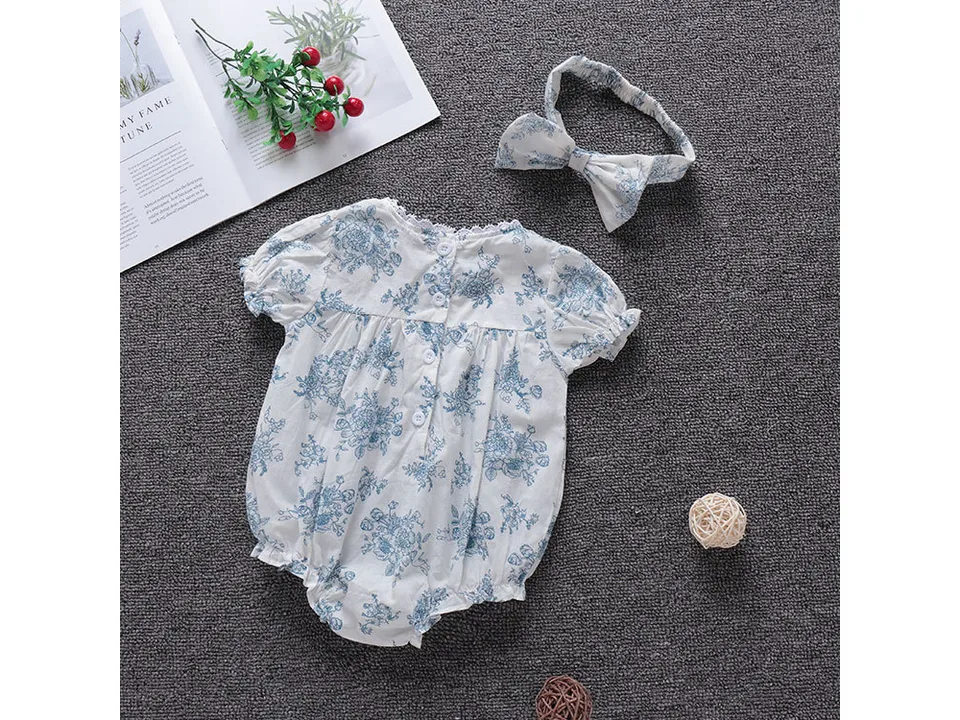 Back view of the floral baby romper with button closure and matching headband.
