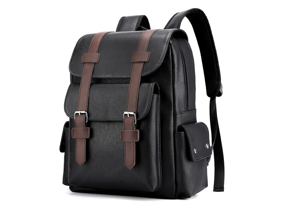 Black PU leather backpack with brown straps