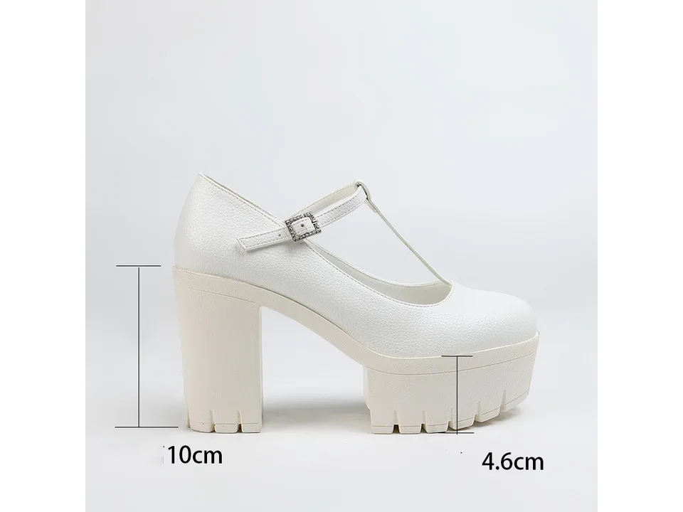 Side view of a white T-strap platform heel with height measurements.