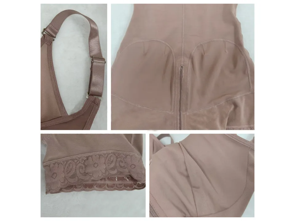 Close-up details of the beige shapewear, including straps, lace hem, and fabric seams.