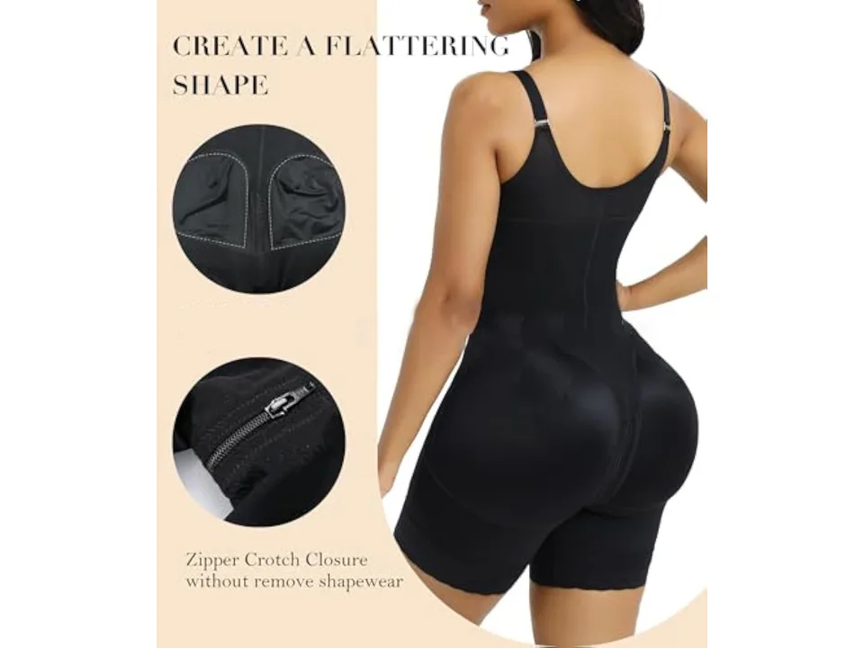 Back view of a woman wearing black shapewear with close-ups of the fabric and zipper crotch.