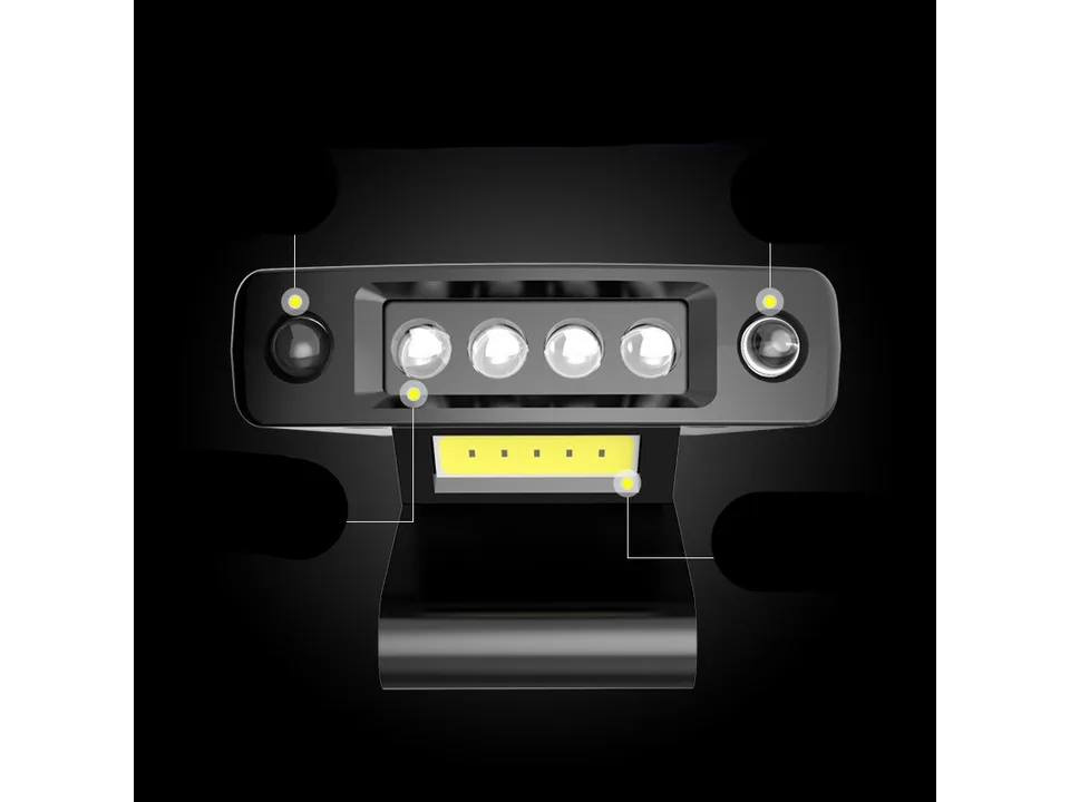 Close-up view of the LED cap light showing the multiple bulbs and clip design.