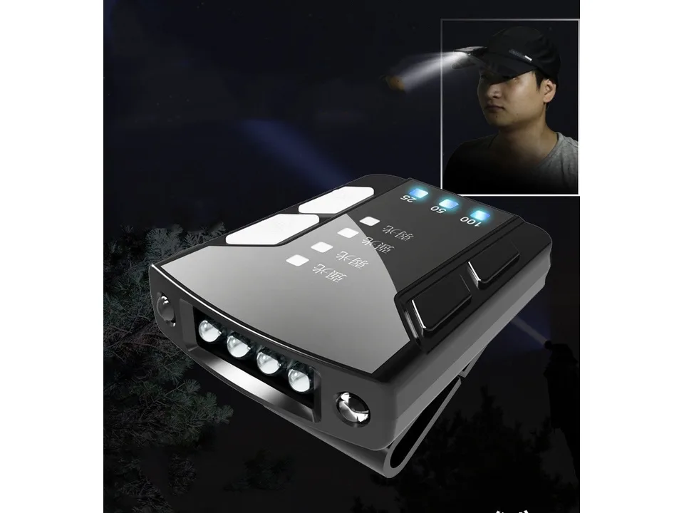 The LED cap light attached to a baseball cap, illuminating the area in front of the user.