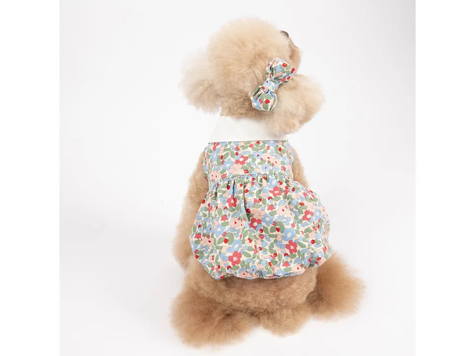 A small dog wearing a floral dress and a matching hair bow, viewed from behind.