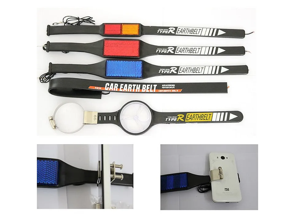 A collection of car anti-static grounding straps with different colored reflectors and installation hardware.