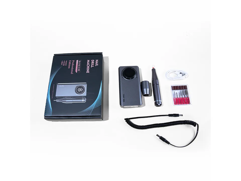 Nail drill machine, handpiece, charging cable, and drill bits set.