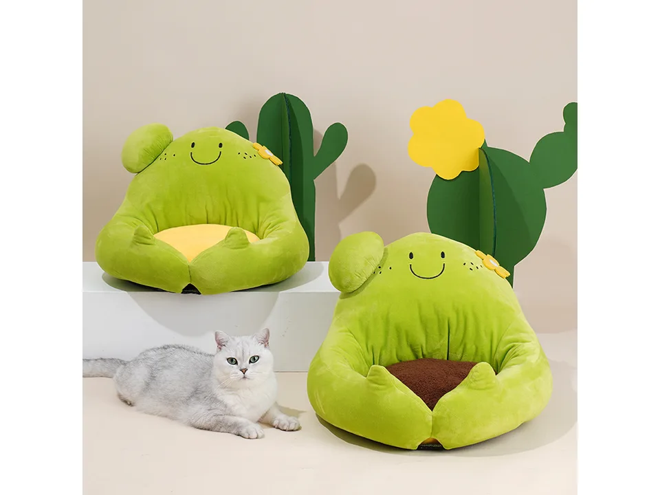 Two cactus-shaped cat beds with a cat sitting next to them, showing yellow and brown cushion options.