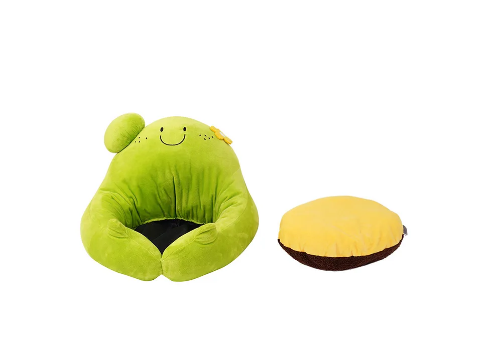 The cactus cat bed frame and the reversible yellow and brown cushion separated.