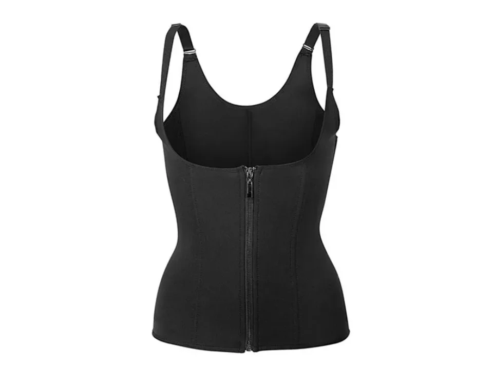 A black waist trainer corset with shoulder straps, shown fully zipped up.