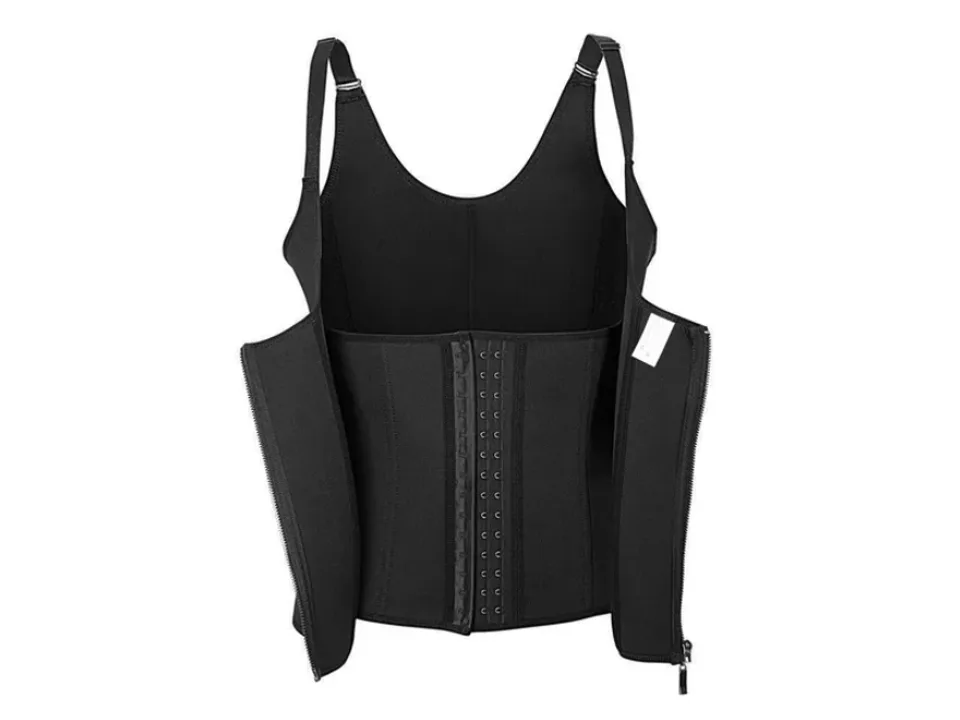 A black waist trainer corset with shoulder straps, shown with the outer zipper open.