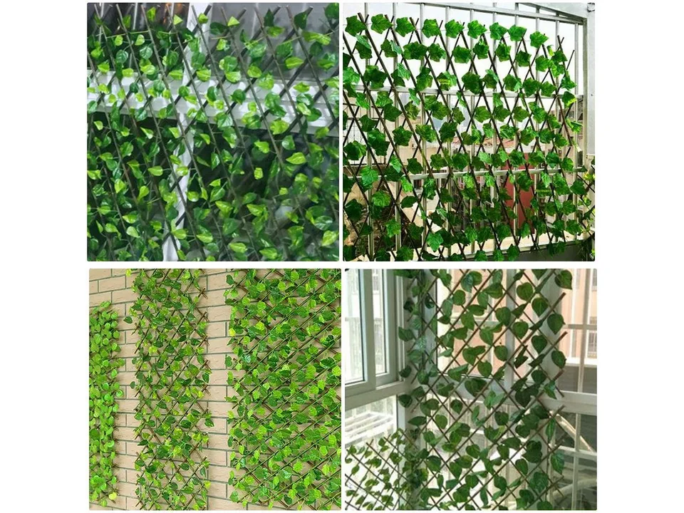Collage showing the artificial leaf fence installed on various balconies and walls.