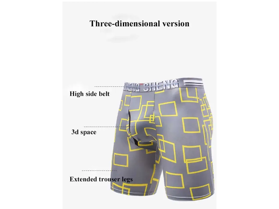 Grey patterned boxer briefs with labels pointing to the waistband, 3D space, and leg length.
