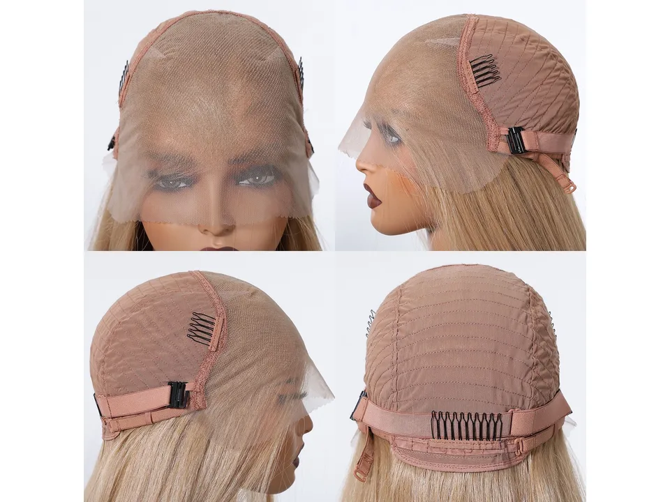 Close-up of the wig cap construction showing lace front and adjustable straps.