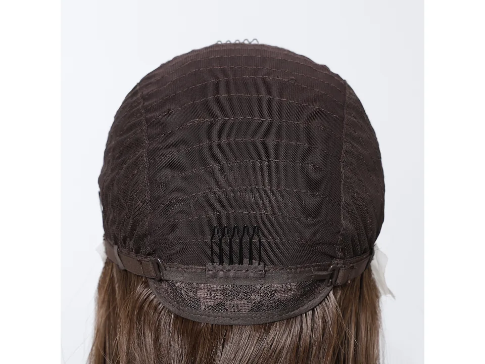 Close-up of the interior of a brown wig cap.