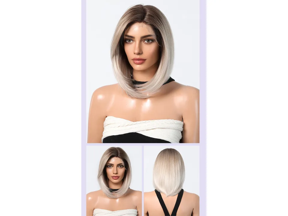 Model wearing a blonde bob wig, shown from front and back views.