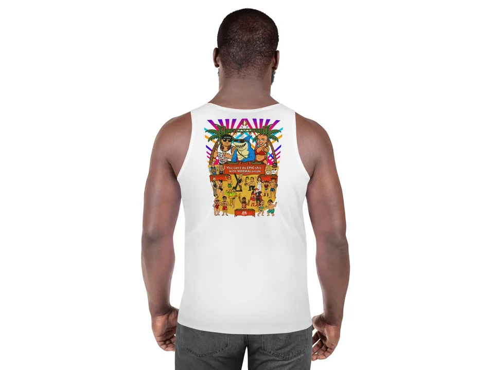 Back view of a man wearing a white tank top with a colorful graphic print on the back.