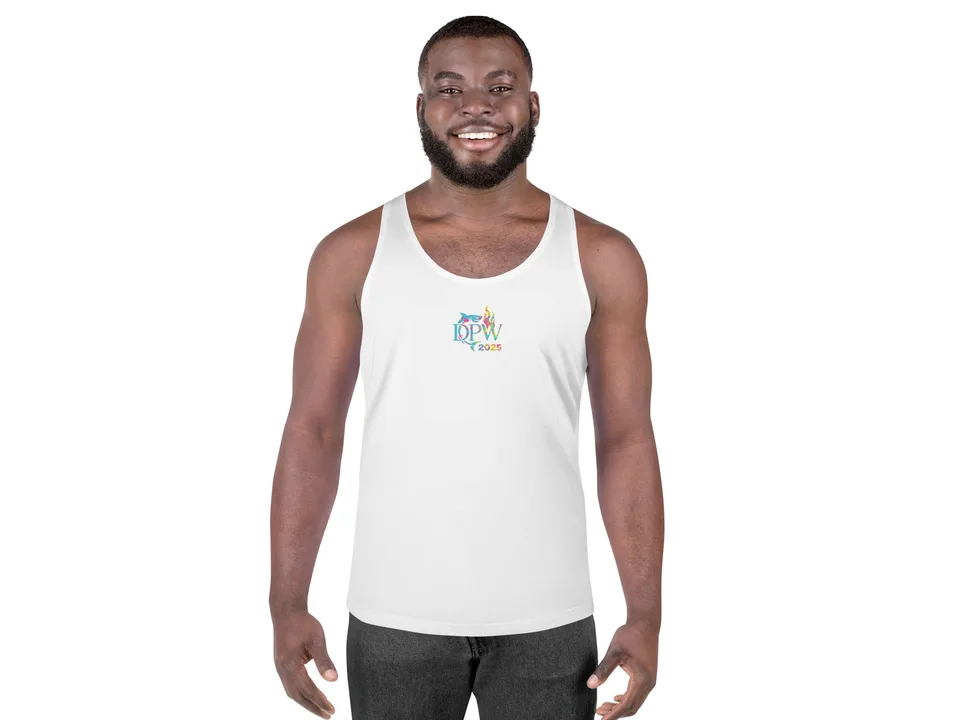 Front view of a man wearing a white tank top with a small colorful logo on the chest.
