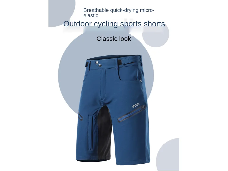 Blue outdoor cycling sports shorts with zippered pockets.