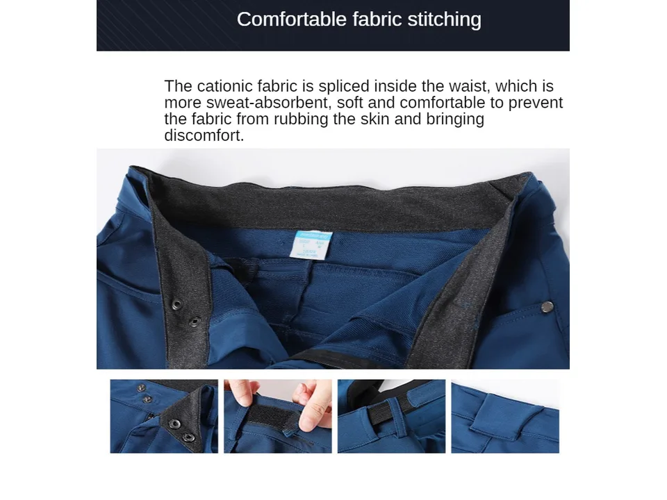 Interior view of the shorts waistband and close-ups of the button and velcro adjustments.