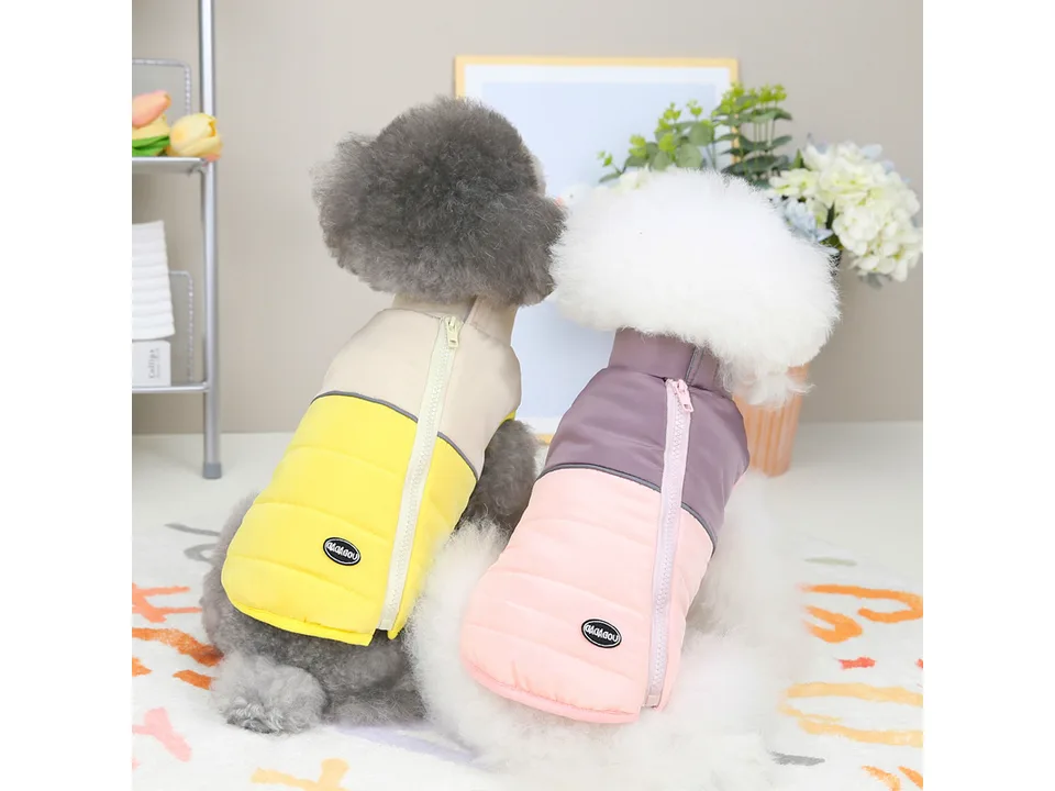 Two small dogs wearing quilted zipper vests in yellow and pink.
