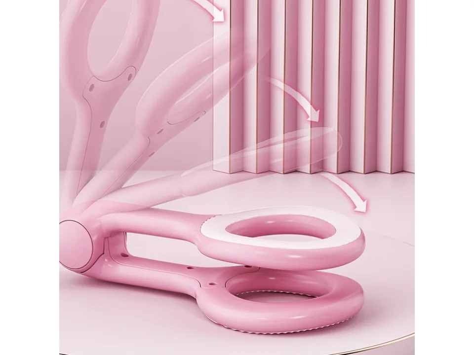 A pink pelvic floor muscle trainer showing its adjustable range of motion with arrows.