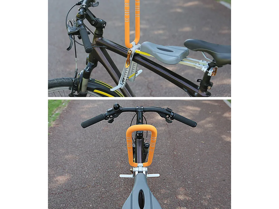 Top-down view of the child seat installed on a bicycle.