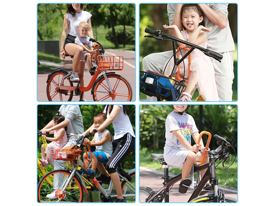 Children riding on bicycles using the front-mounted child seat.